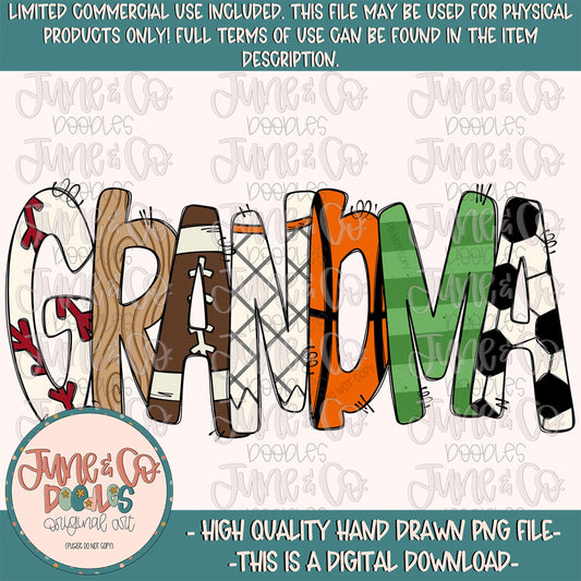 Sports Grandma PNG| Game Day Sublimation File| Baseball Football Basketball Soccer Season Shirt Design| Hand Drawn Art| Digital Download