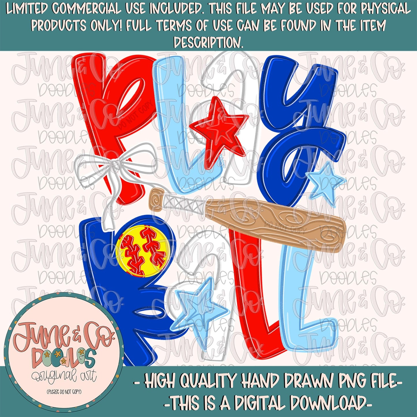 Play Ball- Softball Red White Blue PNG| Softball Season Sublimation File| Spring Sports Shirt Design| Hand Drawn Art| Digital Download