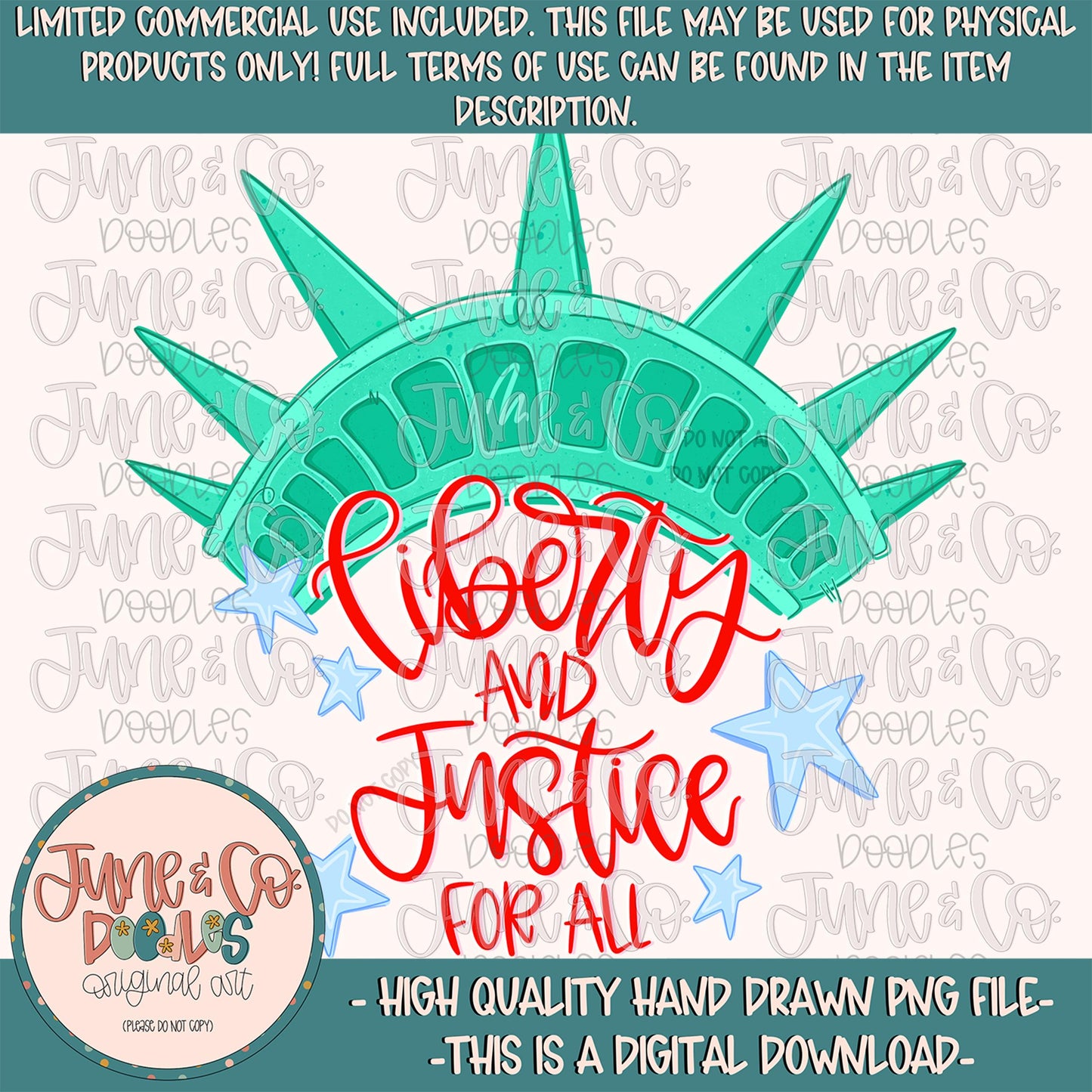 Liberty And Justice PNG| Statue of Liberty Sublimation File| Patriotic Shirt Design| Hand Lettered Printable Art| Digital Download