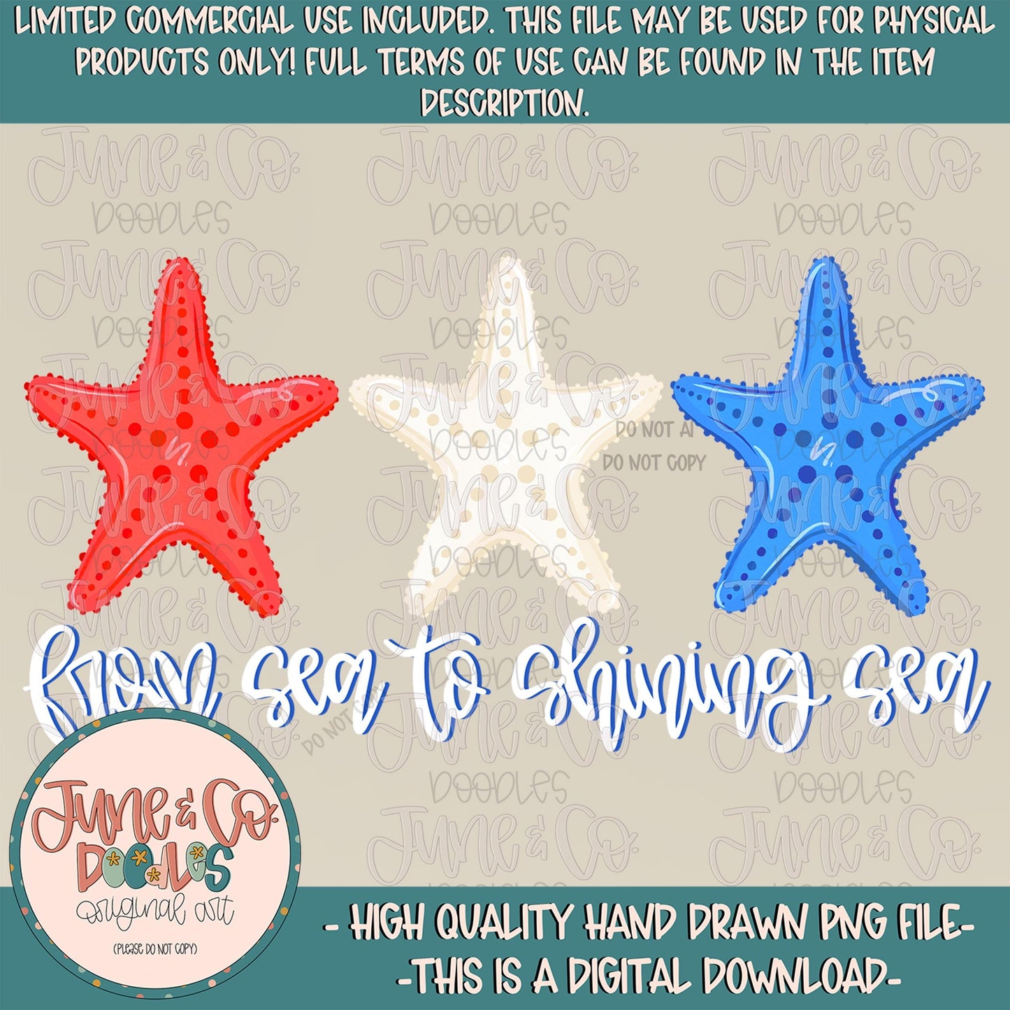 Patriotic Starfish PNG| From Sea To Shining Sea Sublimation File| Coastal Americana Shirt Design| Hand Drawn Art| Digital Download