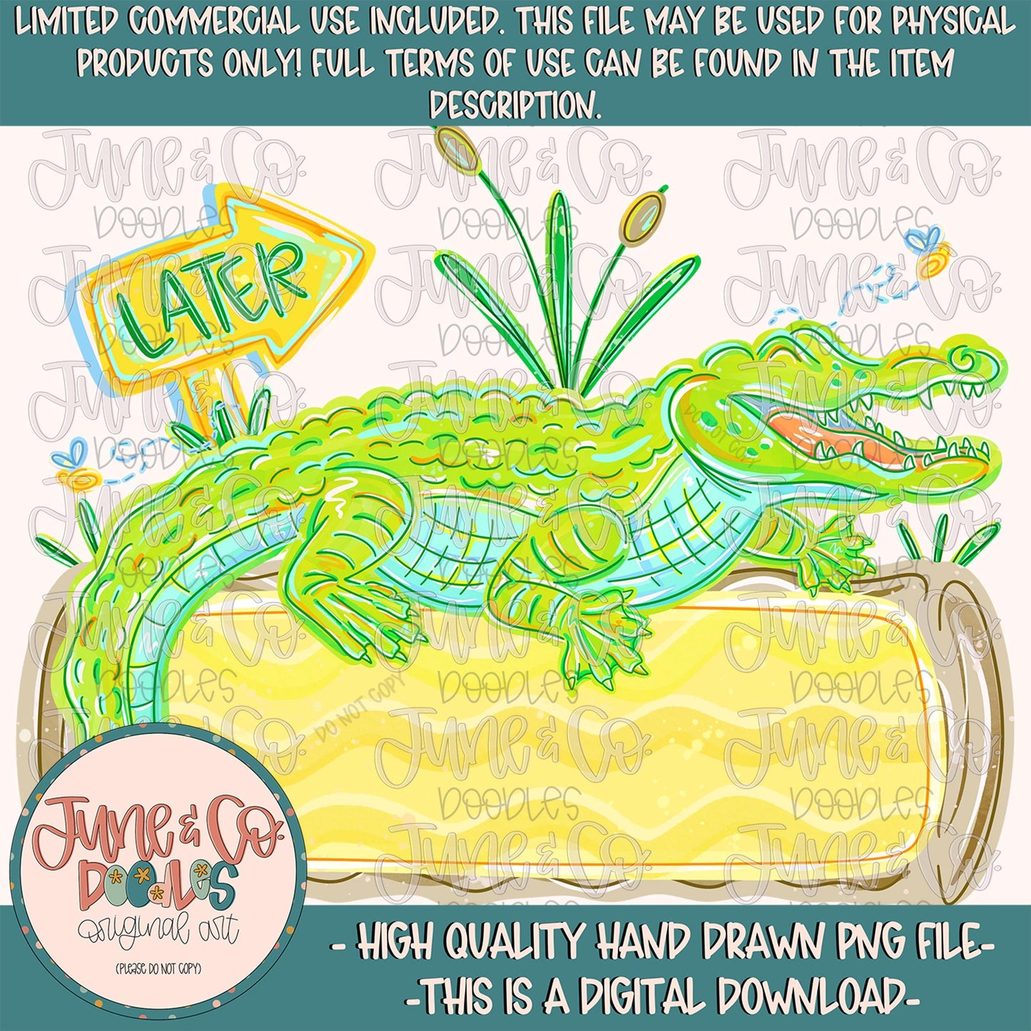 Boys Later Gator With Name Plate PNG| Alligator Sublimation File| Boys Summer Shirt Design| Hand Drawn Art| Digital Download