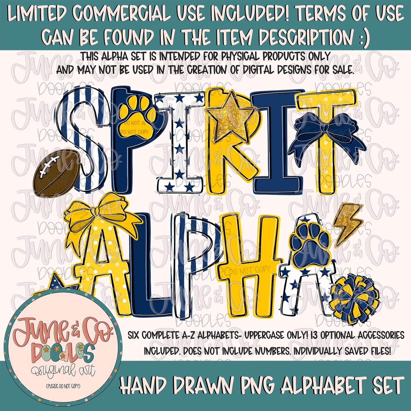 Spirit Alphabet Set- Navy And Yellow| Team Spirit Doodle Alpha| Individually Saved PNG Letters| A-Z Doodle Letters PNG| Digital Download