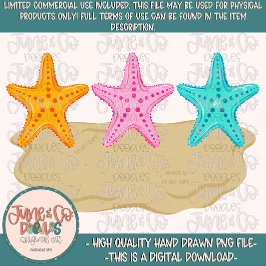 Girls Watercolor Starfish With Name Plate PNG| Starfish Trio Sublimation File| Beach Vacation Shirt Design| Hand Drawn Art| Digital Download