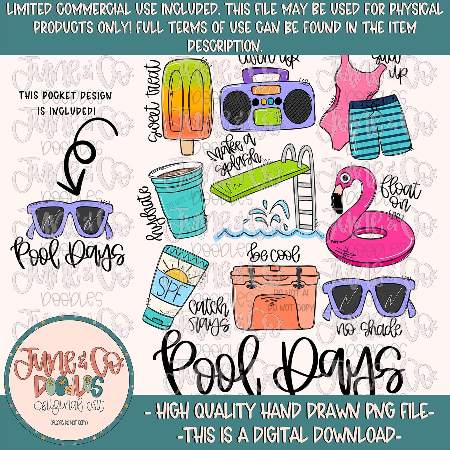 Pool Days PNG| Pool Things Sublimation File| Summer Time Doodles| Pool Fun Shirt Design| Hand Drawn Art| Instant Download