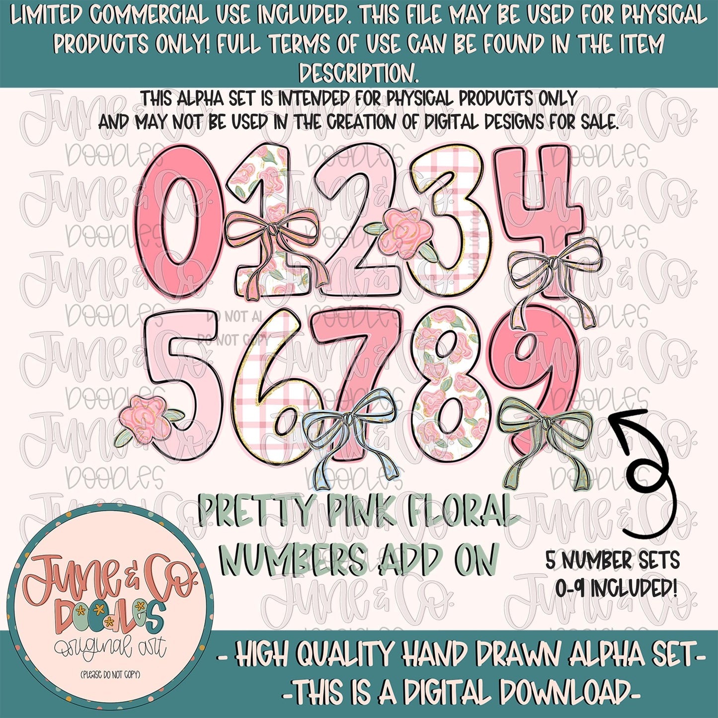 Pretty Pink Floral Number Set- PNG| Preppy Pink Doodle Alpha| Individually Saved Numbers| A-Z Doodle Numbers PNG| Digital Download