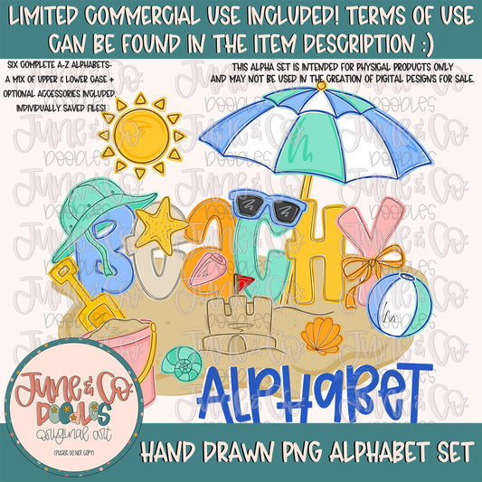 Beachy Alphabet Set| Kids Beach Themed Doodle Alpha| Individually Saved PNG Letters| Hand Drawn A-Z Doodle Letters | Digital Download