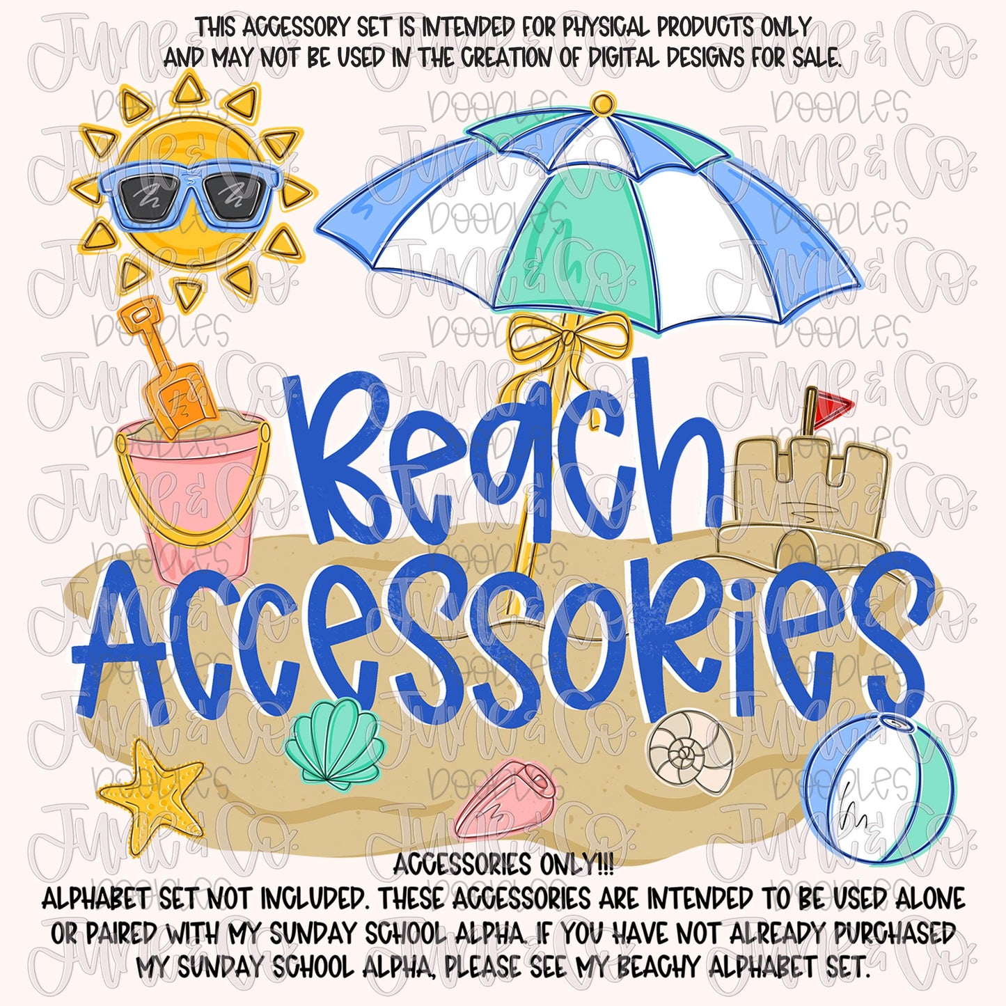 Beach Accessories Set| Kids Beach Themed Clip Art| Individually Saved PNG Files| Hand Drawn Art | Digital Download