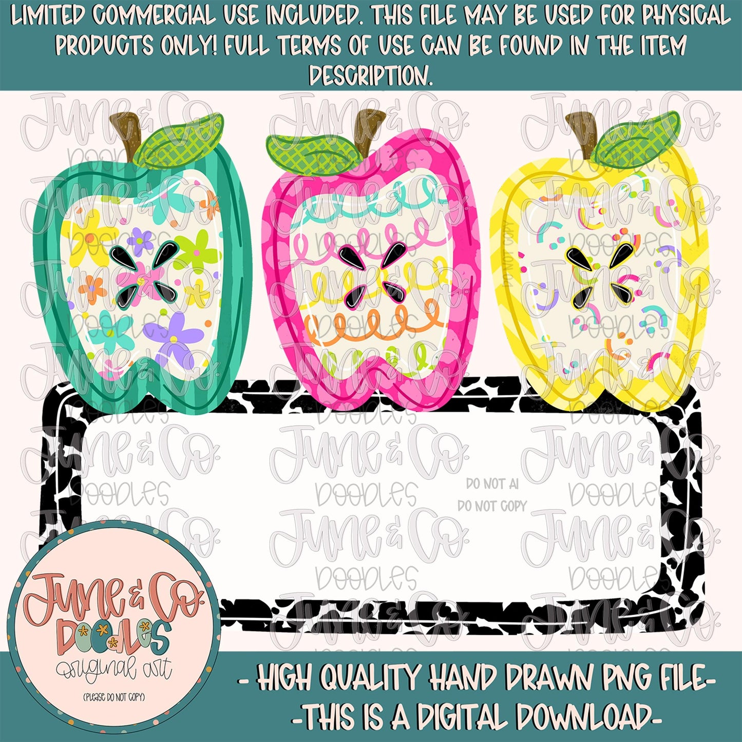 Girls Apple Trio With Name Plate PNG| Back To School Sublimation File| Girls Primary School Shirt Design| Hand Drawn Art| Digital Download