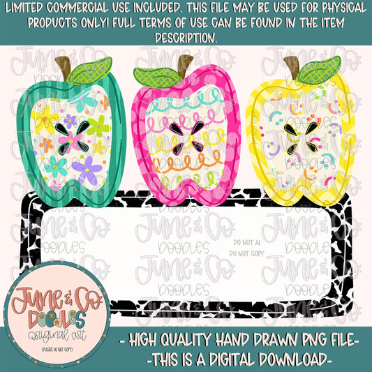 Girls Apple Trio With Name Plate PNG| Back To School Sublimation File| Girls Primary School Shirt Design| Hand Drawn Art| Digital Download