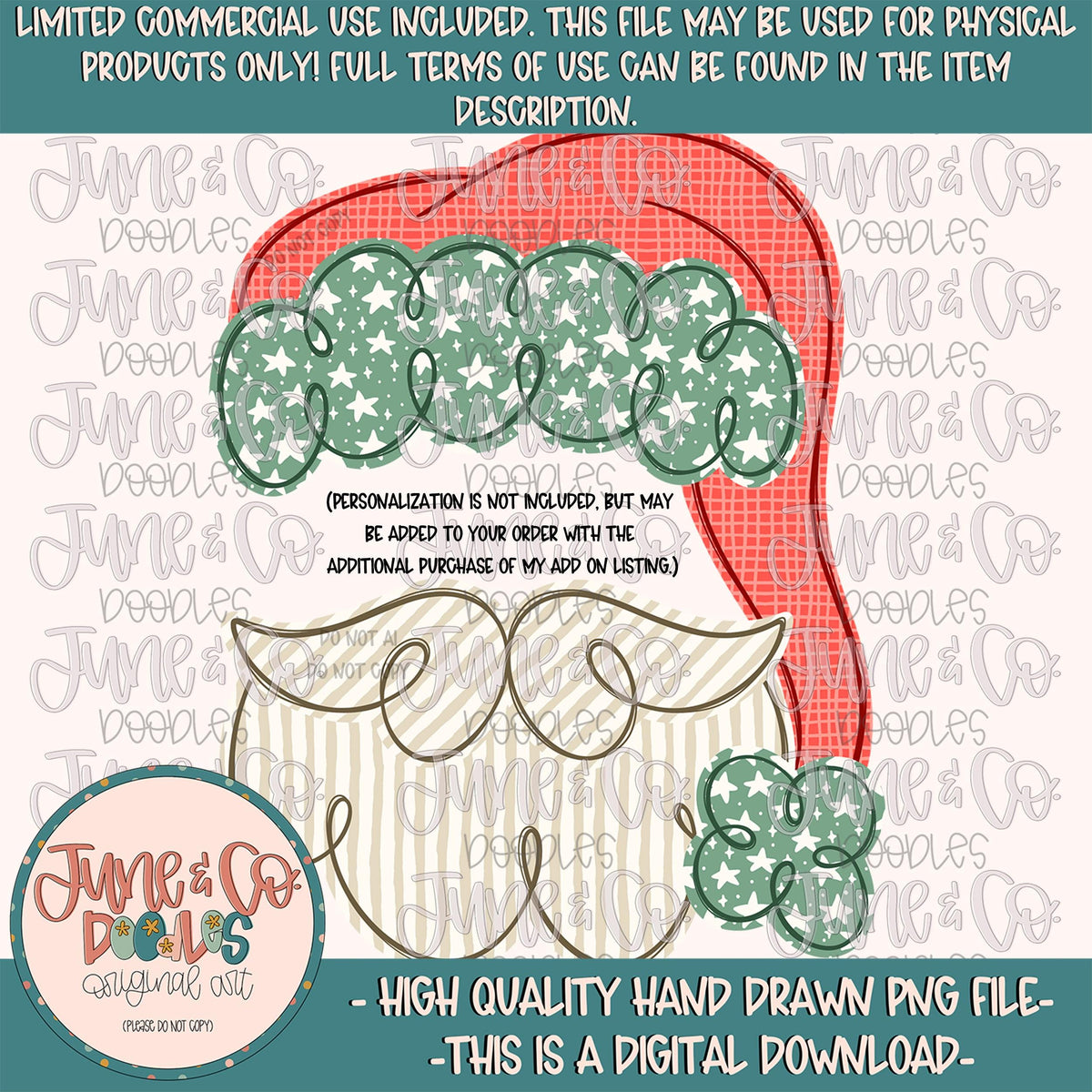 Santa Hat With Beard PNG-Red| Personalizable Santa Sublimation File| Boys Christmas Design| Hand Drawn Art| Digital Download