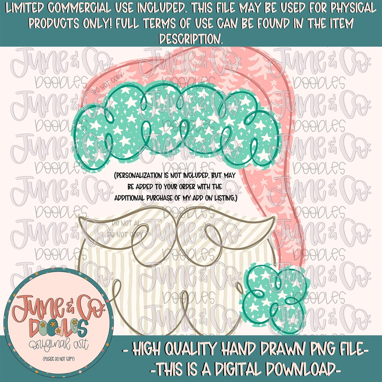 Santa Hat With Beard PNG-Pink| Personalizable Santa Sublimation File| Girls Christmas Design| Hand Drawn Art| Digital Download