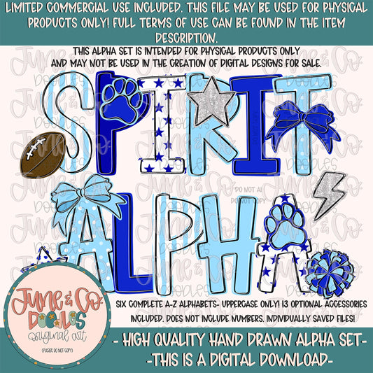 Spirit Alphabet Set- Light Blue & Royal| Team Spirit Doodle Alpha| Individually Saved PNG Letters| A-Z Doodle Letters PNG| Digital Download