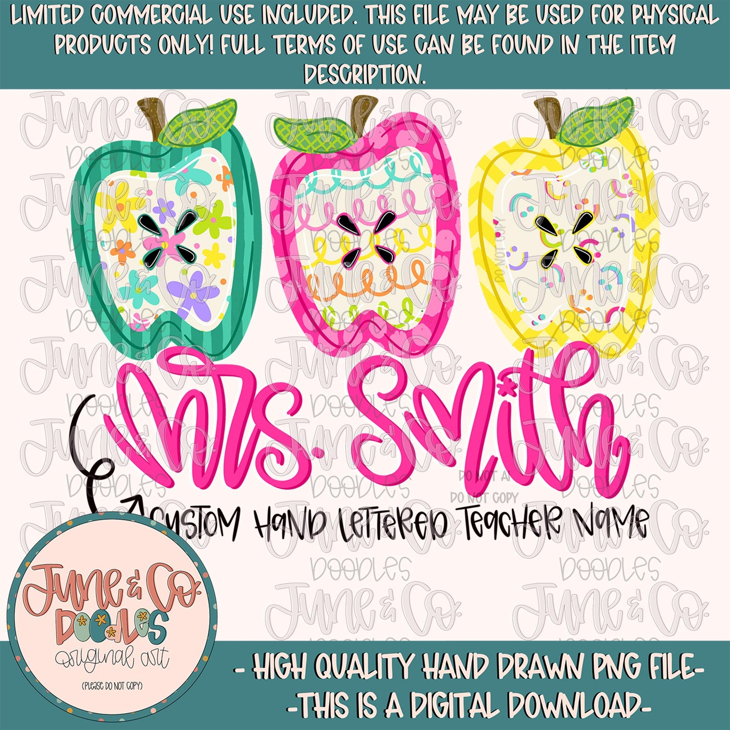 Custom Teacher Name Apple Trio PNG| Made To Order Hand Lettering Sublimation File| Hand Drawn Art| Digital Download