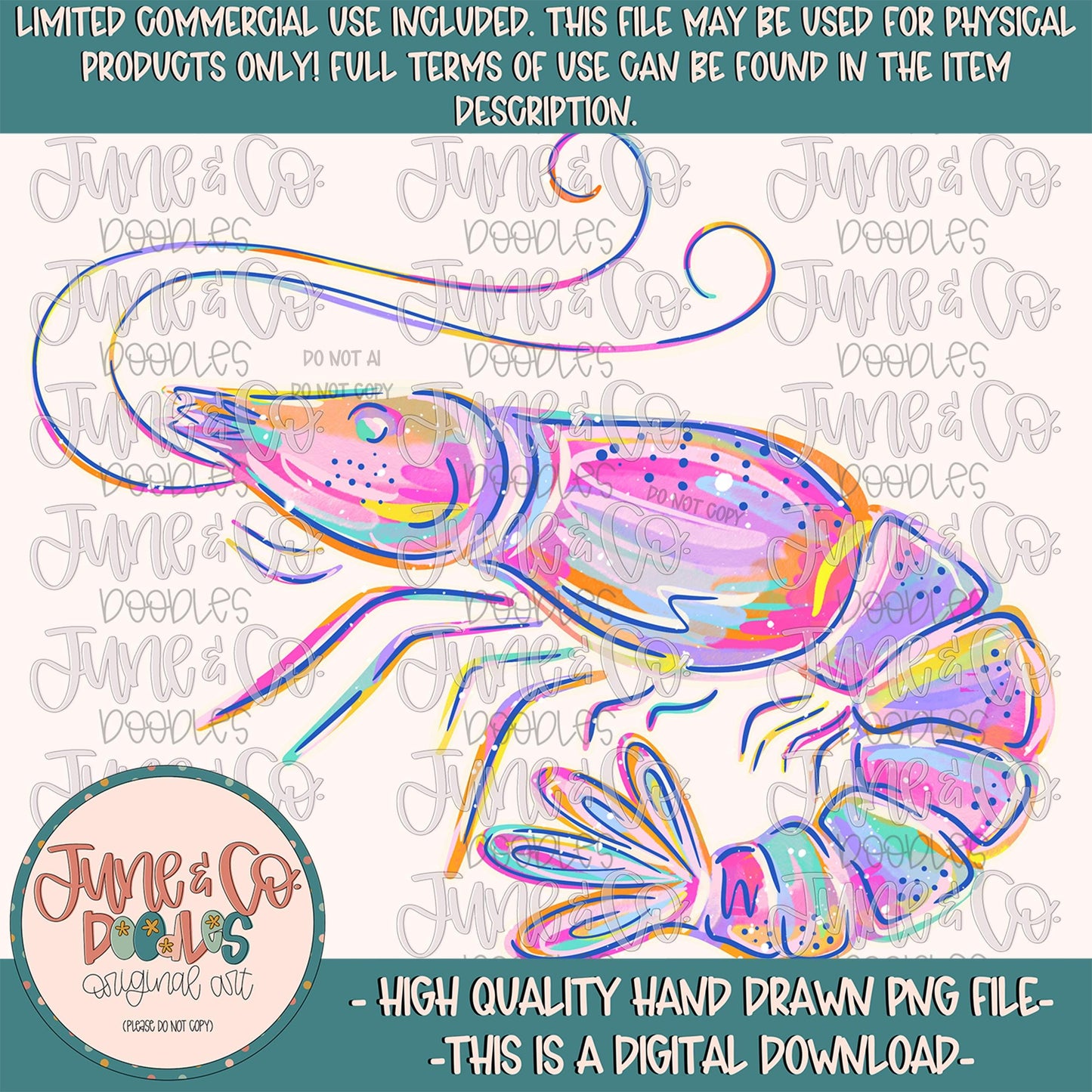 Preppy Shrimp PNG| Shrimp Festival Sublimation File| Watercolor Coastal Shirt Design| Hand Drawn Art| Digital Download