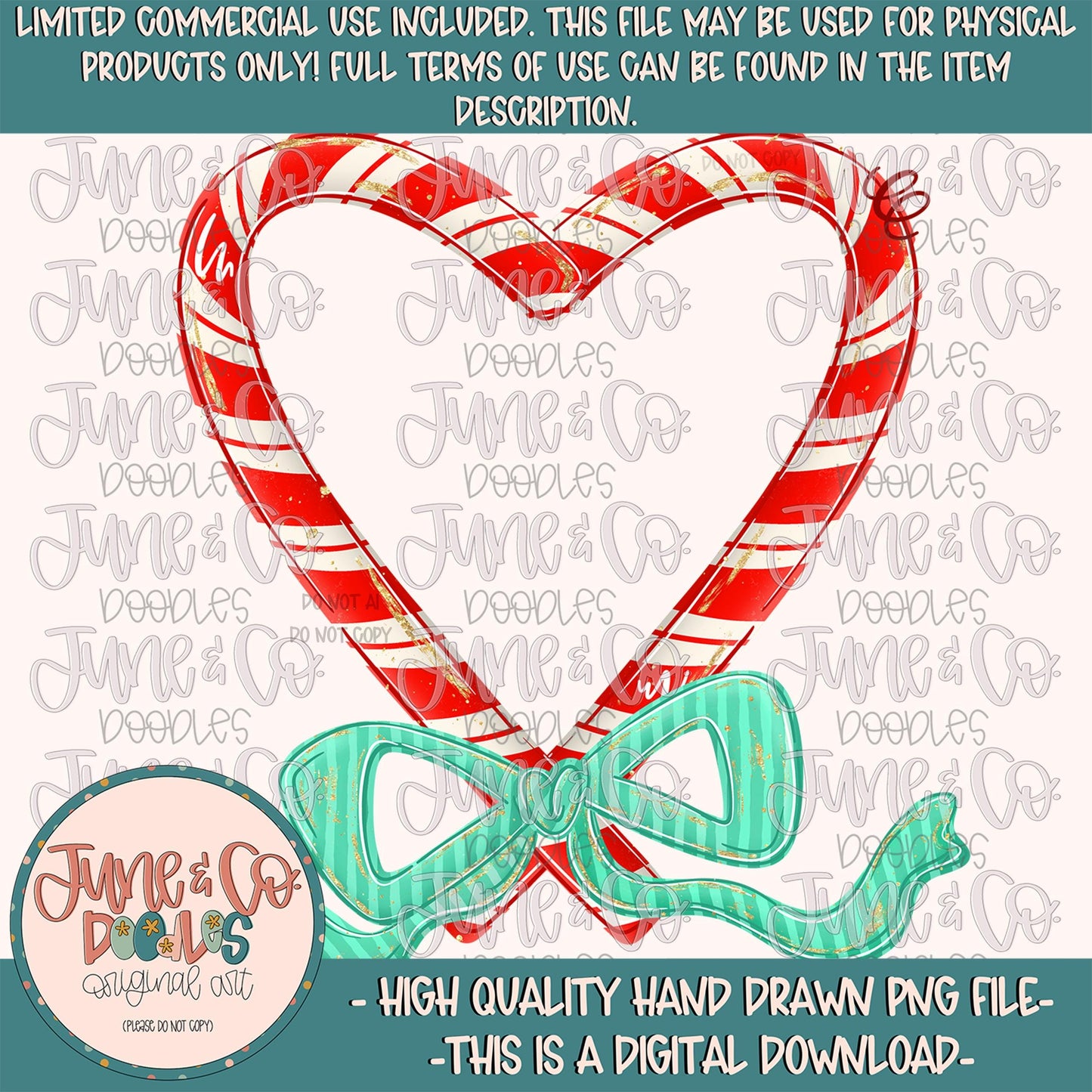Candy Cane Frame PNG-Mint| Personalizable Christmas Sublimation File| Girls Candy Cane Heart Design| Hand Drawn Art| Digital Download