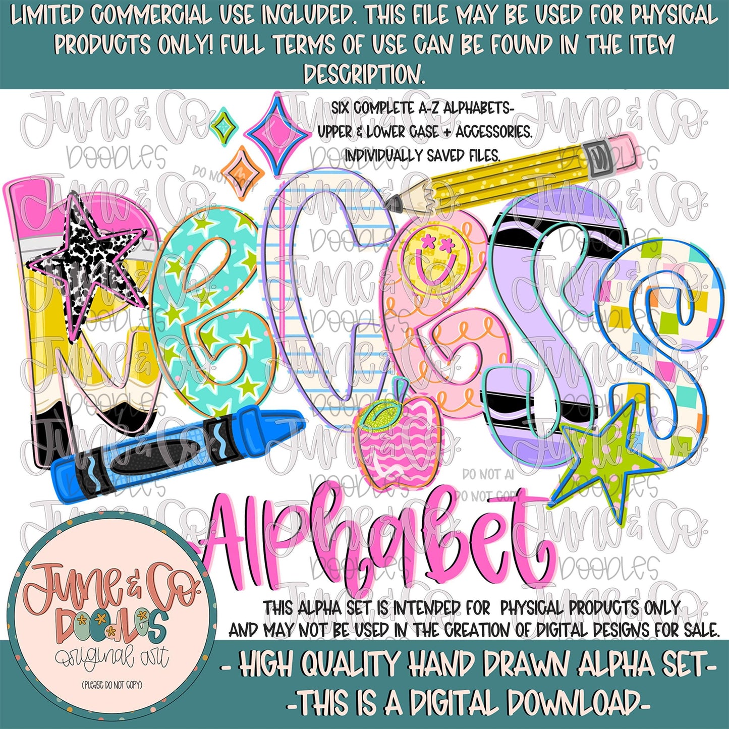 Recess Alphabet Set- PNG| Whimsical School Themed Doodle Alpha| Individually Saved Letters| A-Z Doodle Letters PNG| Digital Download