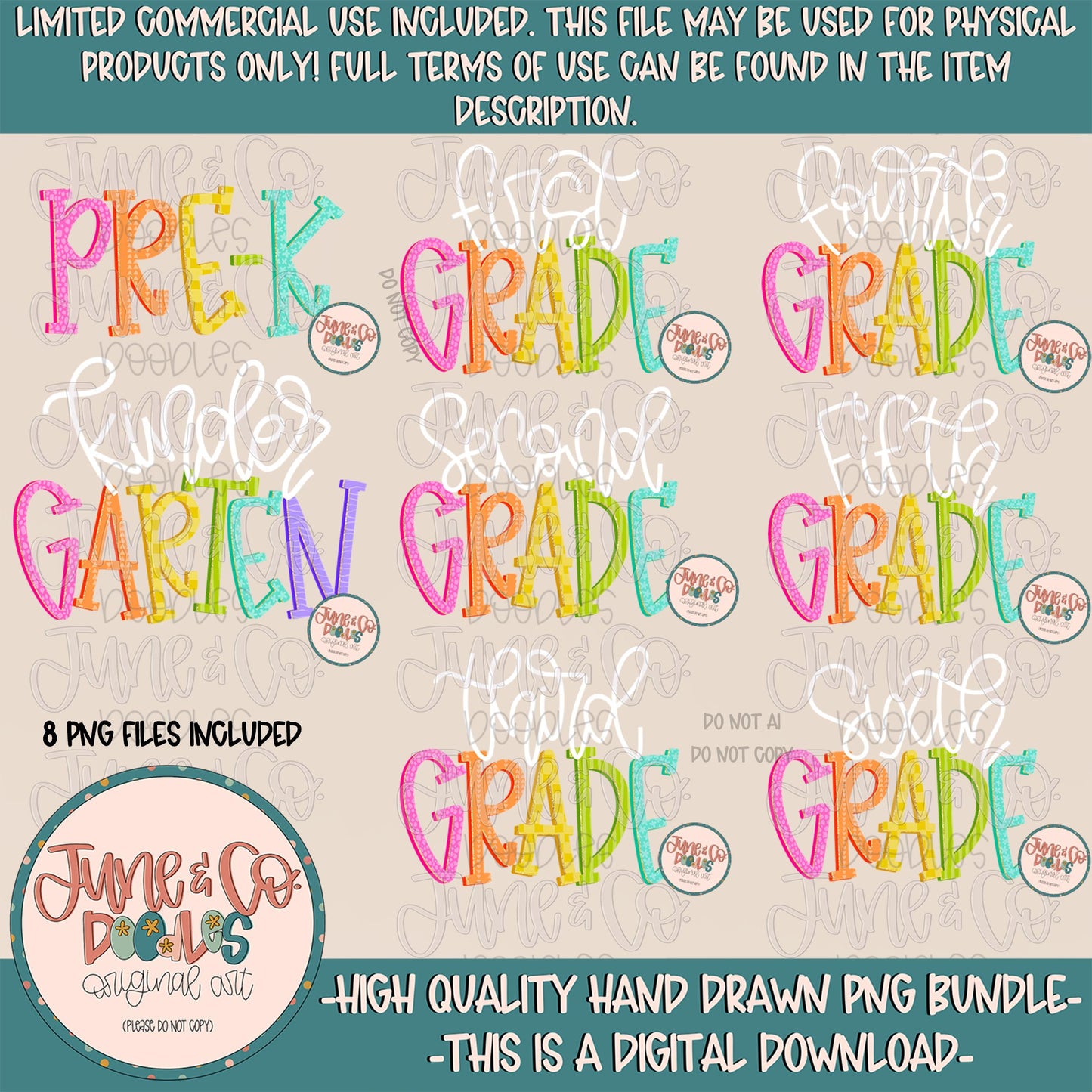 Rainbow Grade Level PNG Bundle| Hand Lettered Back To School DTF Files| Elementary Teacher Shirt Design| Hand Drawn Art| Digital Download