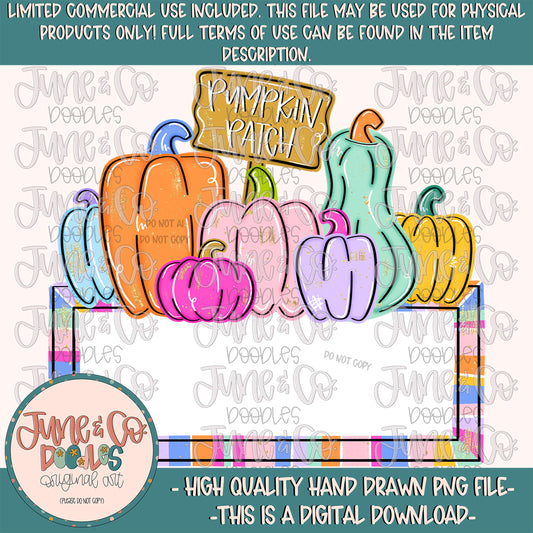 Girls Pumpkin Patch PNG With Name Plate| Vibrant Colored Pumpkins Digital File| Girly Fall Shirt Design| Hand Drawn Art| Digital Download