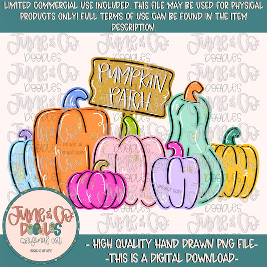 Girls Pumpkin Patch PNG| Vibrant Colored Pumpkins Digital File| Girly Fall Shirt Design| Hand Drawn Art| Digital Download
