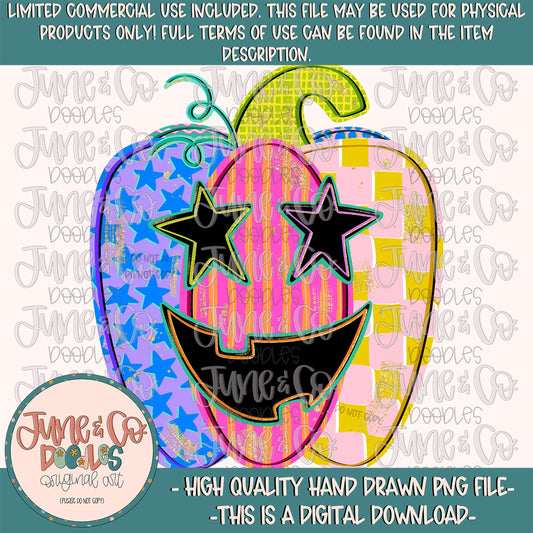 Girls Patchwork Pumpkin PNG| Patterned Jack O Lantern Digital File| Girly Halloween Shirt Design| Hand Drawn Art| Digital Download