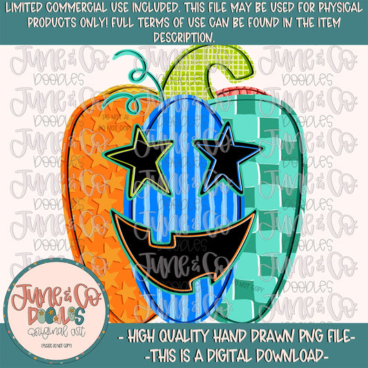 Boys Patchwork Pumpkin PNG| Patterned Jack O Lantern Digital File| Boys Halloween Shirt Design| Hand Drawn Art| Digital Download