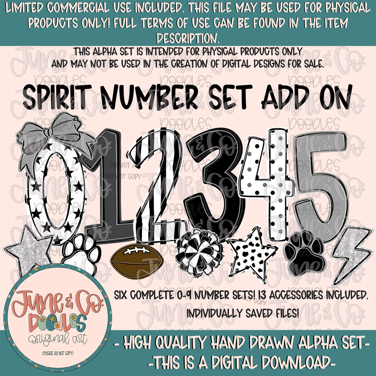 Spirit Numbers Set- Black White & Gray| Team Spirit Doodle Alpha| Individually Saved PNG Numbers| 0-9 Doodle Numbers PNG| Digital Download