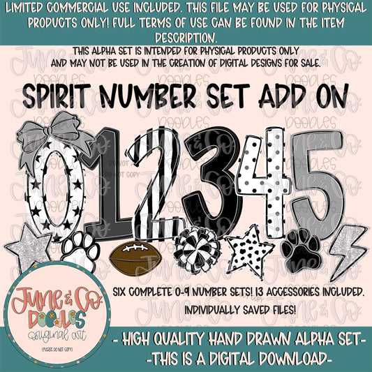 Spirit Numbers Set- Black White & Gray| Team Spirit Doodle Alpha| Individually Saved PNG Numbers| 0-9 Doodle Numbers PNG| Digital Download