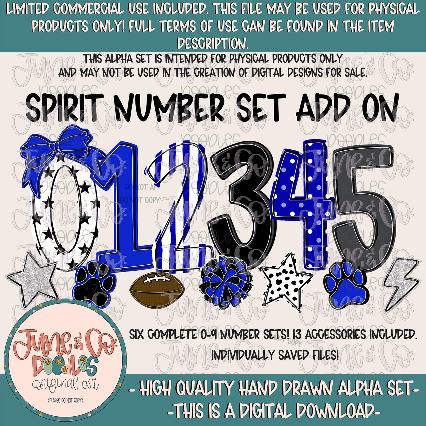 Spirit Numbers Set- Black & Royal Blue| Team Spirit Doodle Alpha| Individually Saved PNG Numbers| 0-9 Doodle Numbers PNG| Digital Download