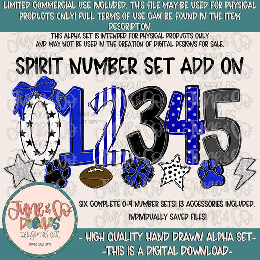 Spirit Numbers Set- Black & Royal Blue| Team Spirit Doodle Alpha| Individually Saved PNG Numbers| 0-9 Doodle Numbers PNG| Digital Download