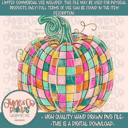 Disco Pumpkin PNG| Bright Retro Pumpkin Digital File| Girly Fall Shirt Design| Hand Drawn Art| Digital Download