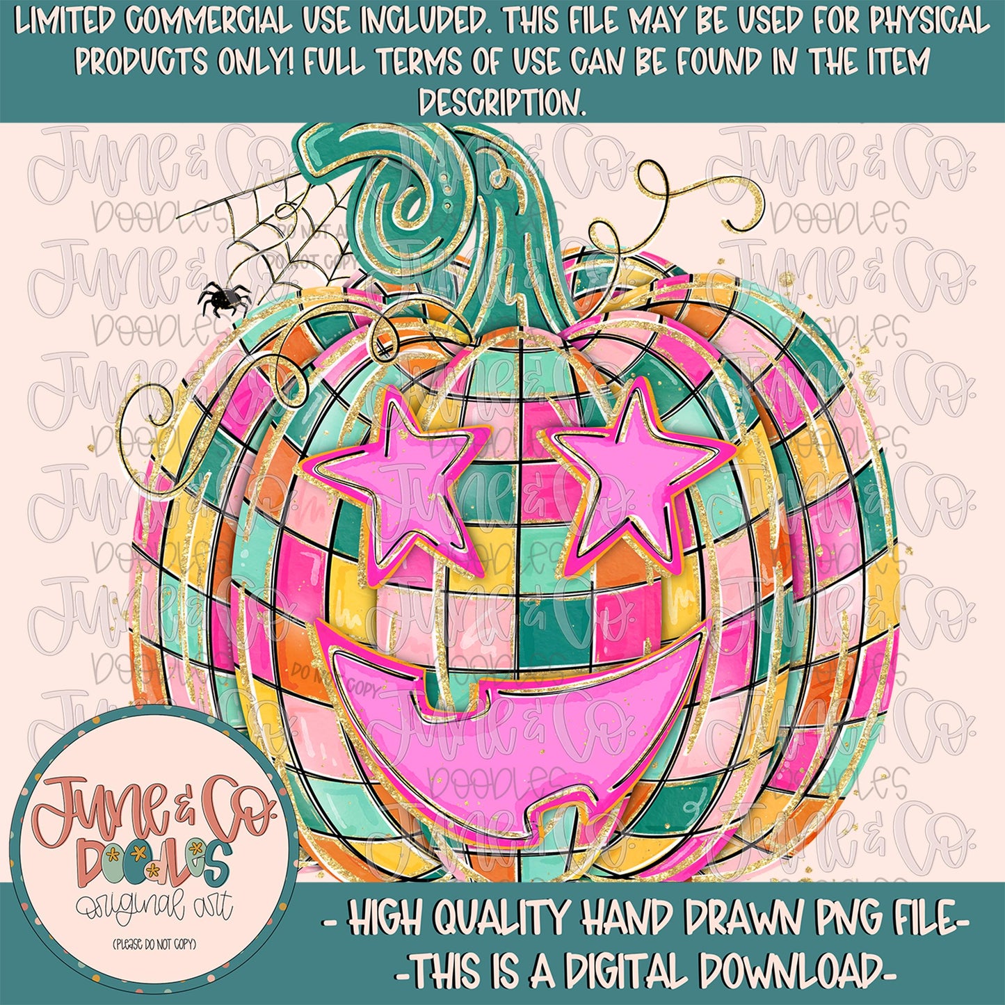 Disco Jack-O-Lantern PNG| Bright Retro Pumpkin Digital File| Girly Fall Shirt Design| Hand Drawn Art| Digital Download