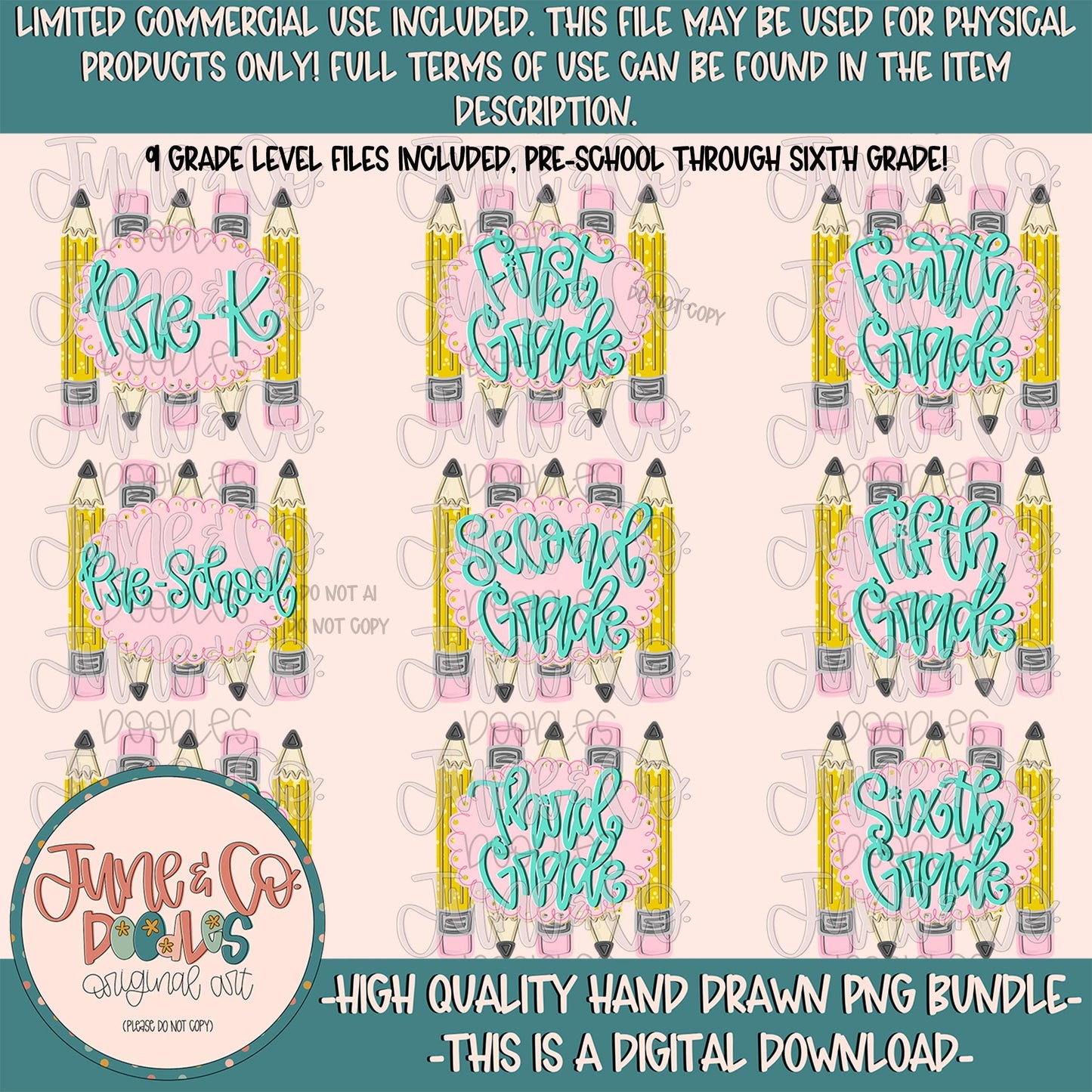 Fancy Pencil Grade Level Bundle| Girls Back To School Sublimation File| Elementary School Shirt Design| Hand Drawn Art| Digital Download