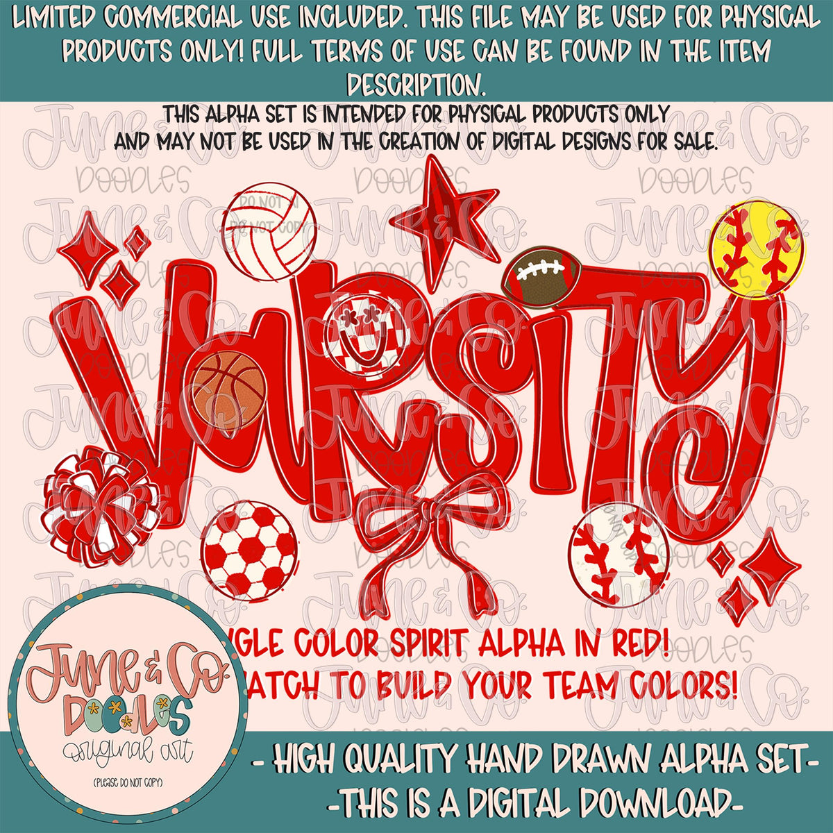 Varsity Alphabet Set- Red| Team Spirit Alpha| Single Color Doodle Letters| Individually Saved A-Z PNG Files| Digital Download