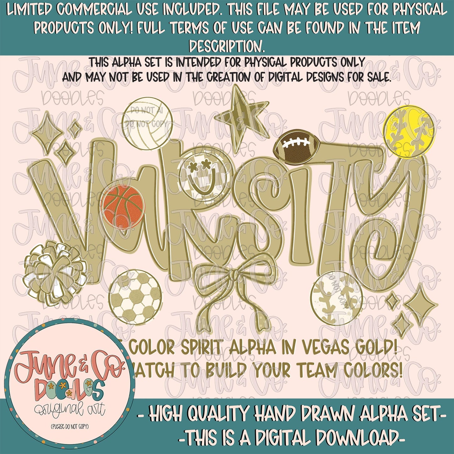 Varsity Alphabet Set- Vegas Gold| Team Spirit Alpha| Single Color Doodle Letters| Individually Saved A-Z PNG Files| Digital Download