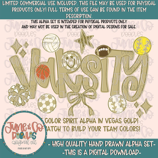 Varsity Alphabet Set- Vegas Gold| Team Spirit Alpha| Single Color Doodle Letters| Individually Saved A-Z PNG Files| Digital Download