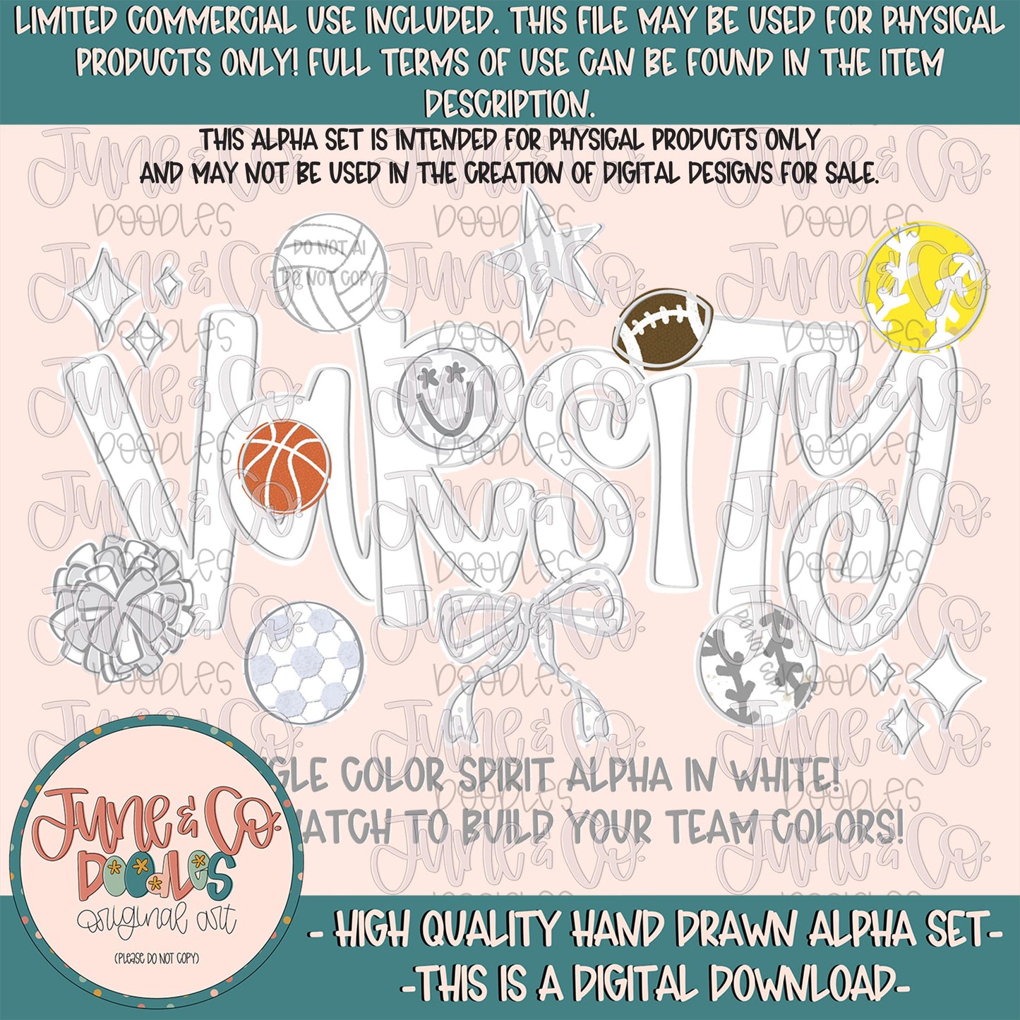 Varsity Alphabet Set- White| Team Spirit Alpha| Single Color Doodle Letters| Individually Saved A-Z PNG Files| Digital Download