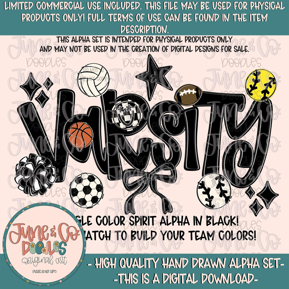 Varsity Alphabet Set- Black| Team Spirit Alpha| Single Color Doodle Letters| Individually Saved A-Z PNG Files| Digital Download