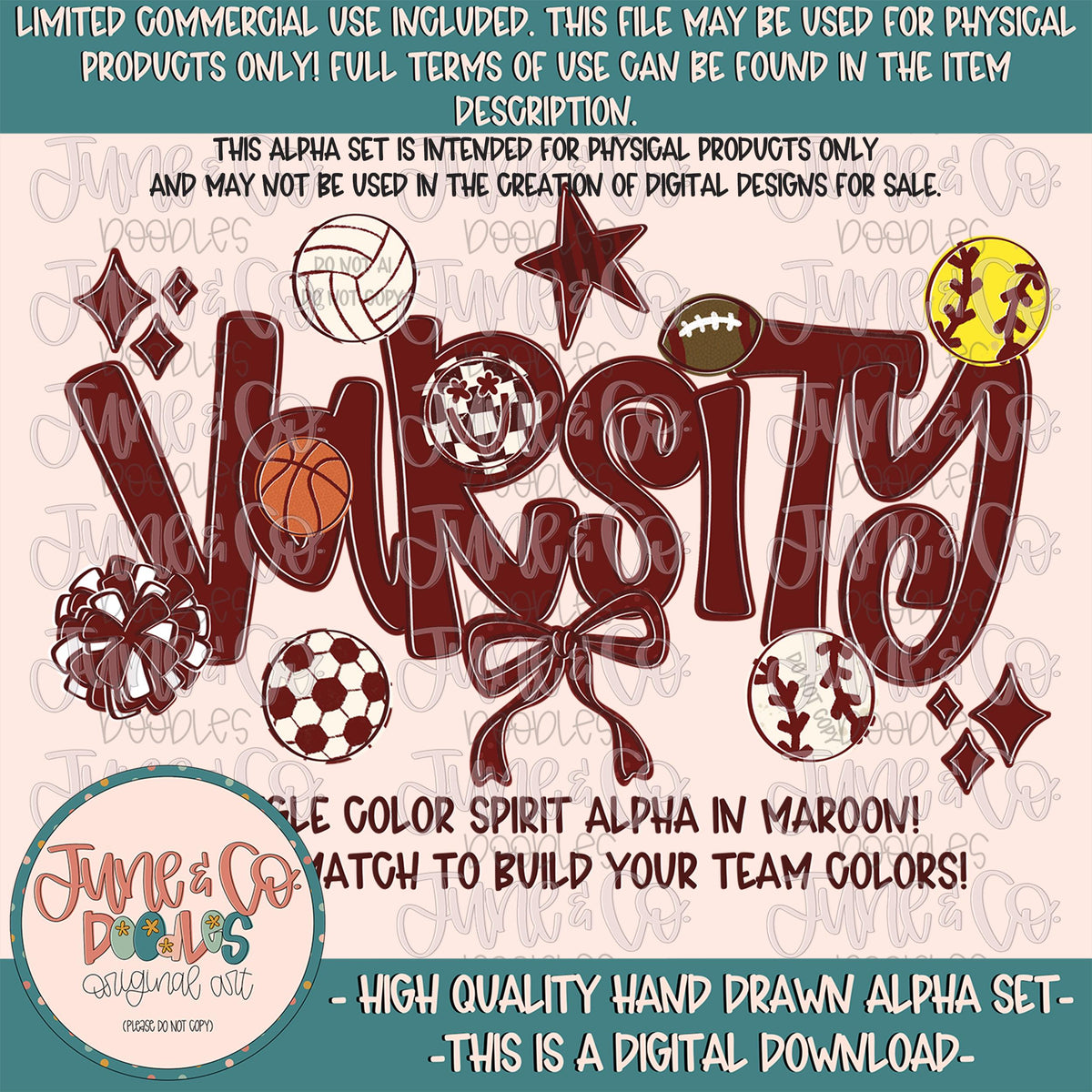 Varsity Alphabet Set- Maroon| Team Spirit Alpha| Single Color Doodle Letters| Individually Saved A-Z PNG Files| Digital Download