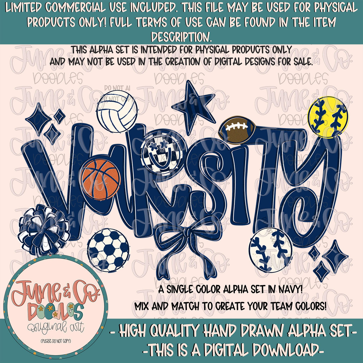 Varsity Alphabet Set- Navy| Team Spirit Alpha| Single Color Doodle Letters| Individually Saved A-Z PNG Files| Digital Download