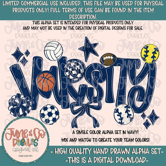 Varsity Alphabet Set- Navy| Team Spirit Alpha| Single Color Doodle Letters| Individually Saved A-Z PNG Files| Digital Download