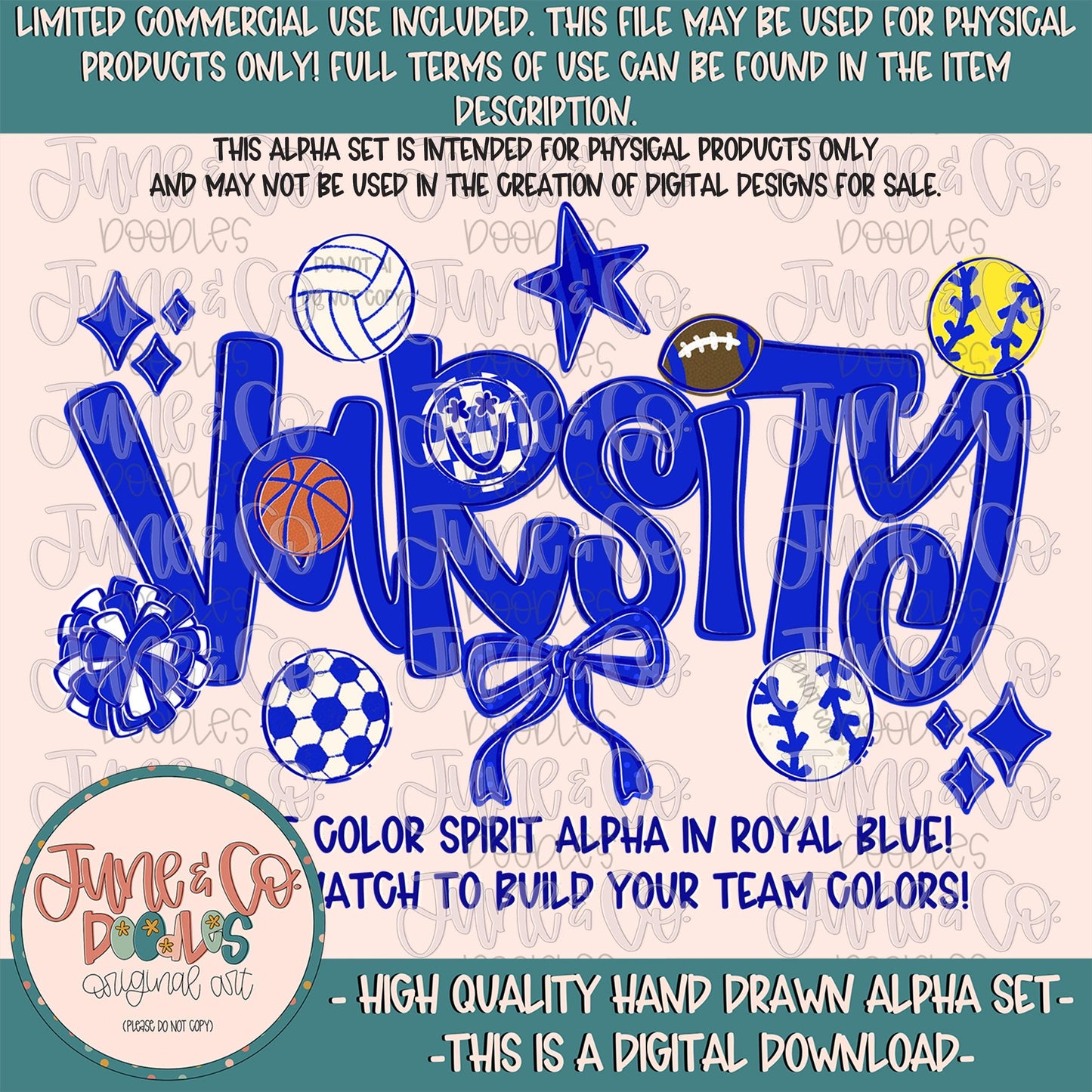 Varsity Alphabet Set- Royal Blue| Team Spirit Alpha| Single Color Doodle Letters| Individually Saved A-Z PNG Files| Digital Download