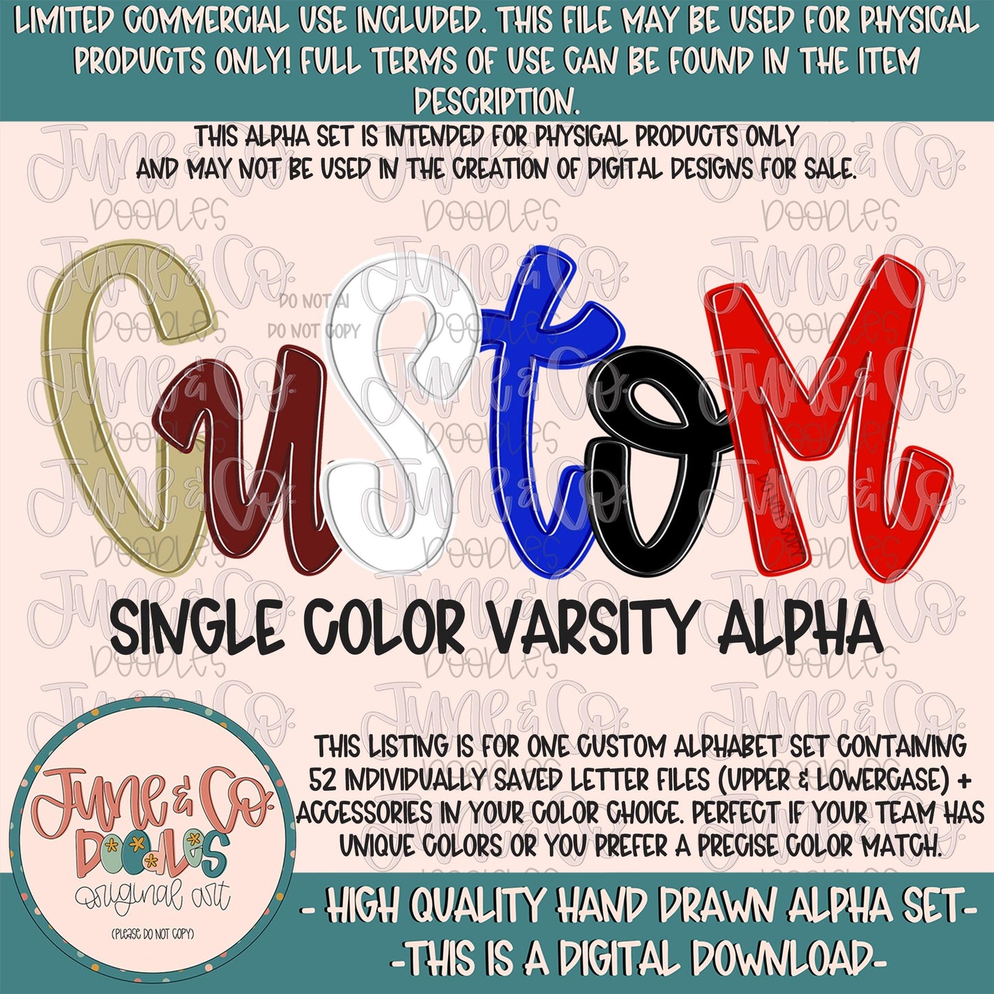 Custom Varsity Alphabet Set| Team Spirit Alpha| Single Color Doodle Letters| Individually Saved A-Z PNG Files| Digital Download