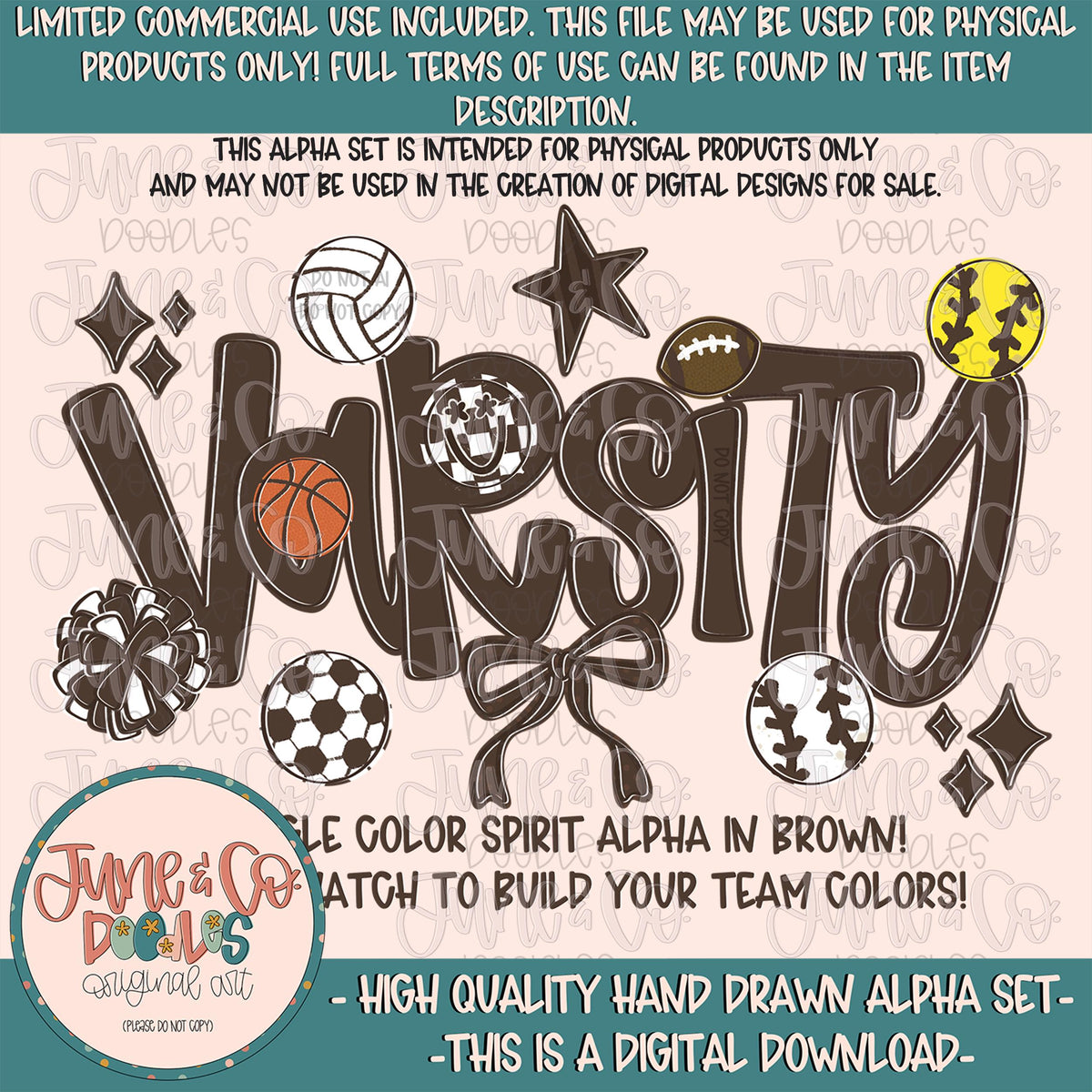 Varsity Alphabet Set- Brown| Team Spirit Alpha| Single Color Doodle Letters| Individually Saved A-Z PNG Files| Digital Download