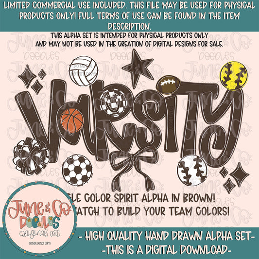 Varsity Alphabet Set- Brown| Team Spirit Alpha| Single Color Doodle Letters| Individually Saved A-Z PNG Files| Digital Download