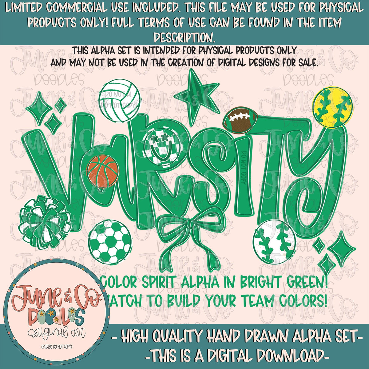 Varsity Alphabet Set- Kelly Green| Team Spirit Alpha| Single Color Doodle Letters| Individually Saved A-Z PNG Files| Digital Download