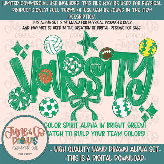 Varsity Alphabet Set- Kelly Green| Team Spirit Alpha| Single Color Doodle Letters| Individually Saved A-Z PNG Files| Digital Download