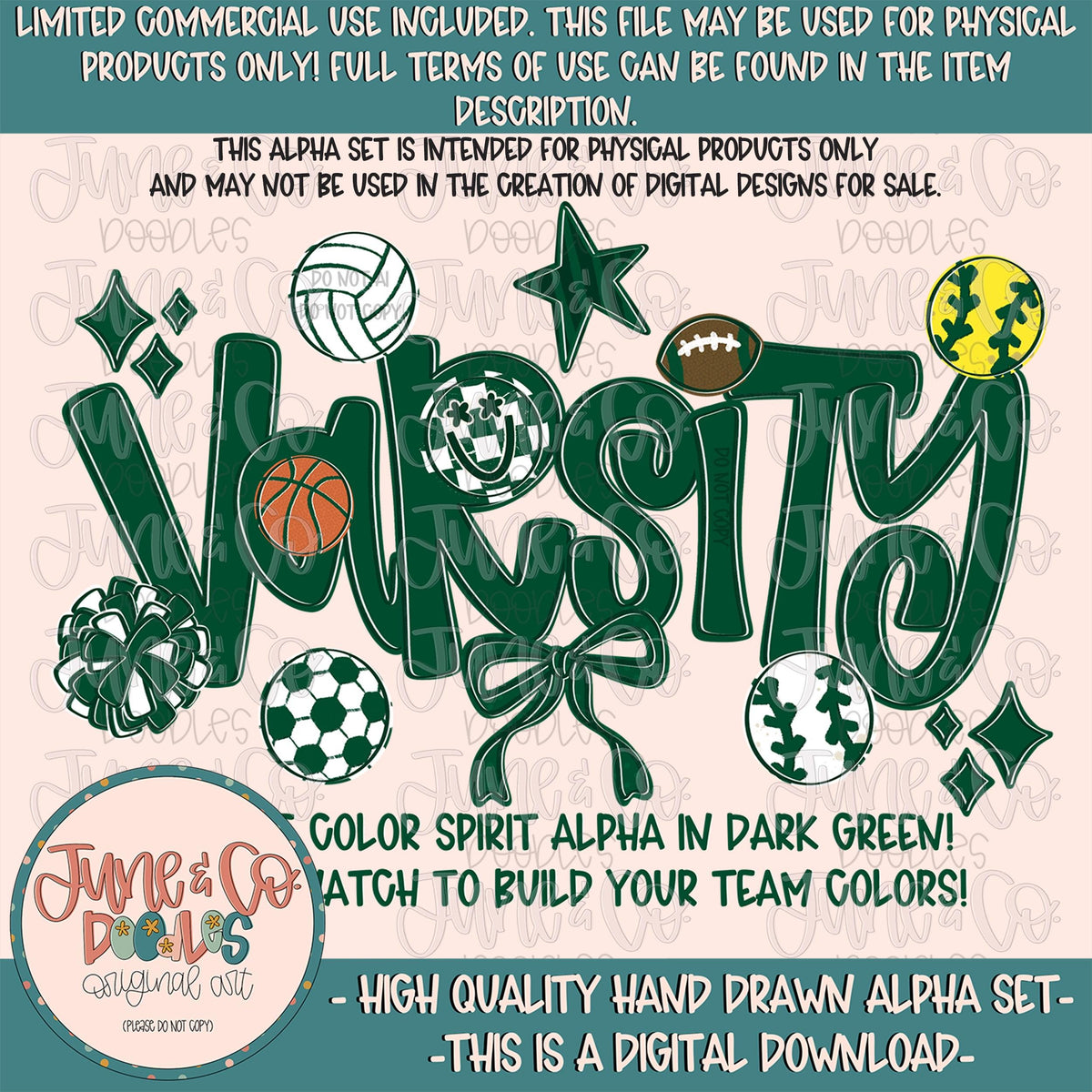 Varsity Alphabet Set- Dark Green| Team Spirit Alpha| Single Color Doodle Letters| Individually Saved A-Z PNG Files| Digital Download