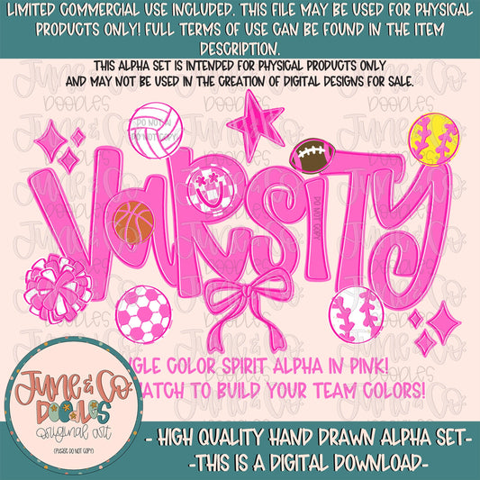 Varsity Alphabet Set- Pink| Team Spirit Alpha| Single Color Doodle Letters| Individually Saved A-Z PNG Files| Digital Download