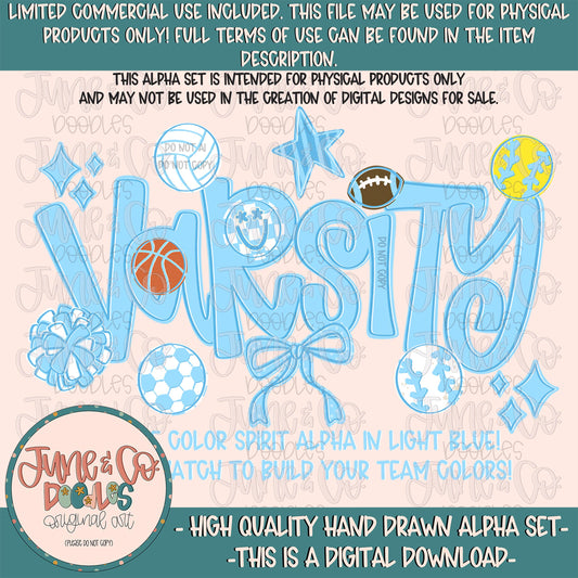 Varsity Alphabet Set- Light Blue| Team Spirit Alpha| Single Color Doodle Letters| Individually Saved A-Z PNG Files| Digital Download
