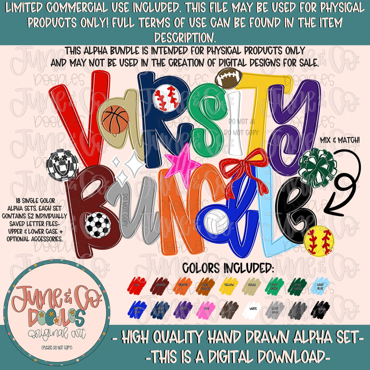 Varsity Alphabet Bundle| Team Spirit Alpha Sets| Single Color Doodle Letters| Individually Saved A-Z PNG Files| Digital Download